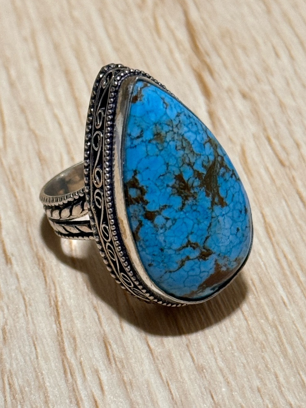 Vintage Turquoise Teardrop Statement Ring Pear Cut 925 Silver